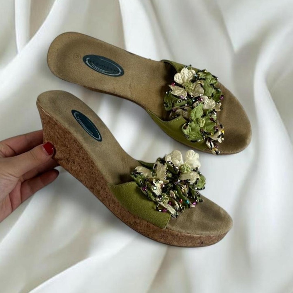 Blue Suede Shoes beaded fairy cork wedge sandals y2k vintage mcbling